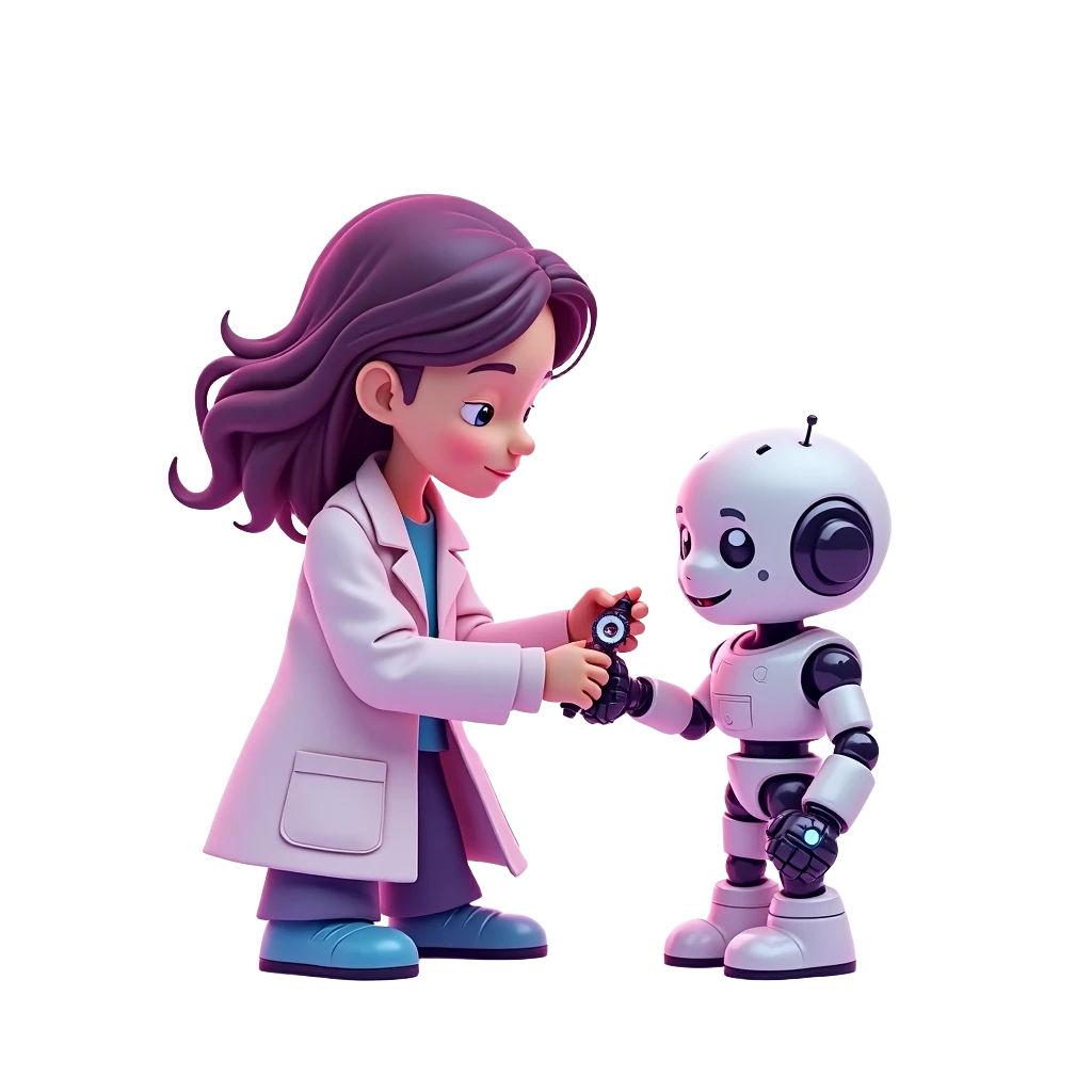 Ilustración de una educadora y un robot que acompañan la consulta del conocimiento de la empresa