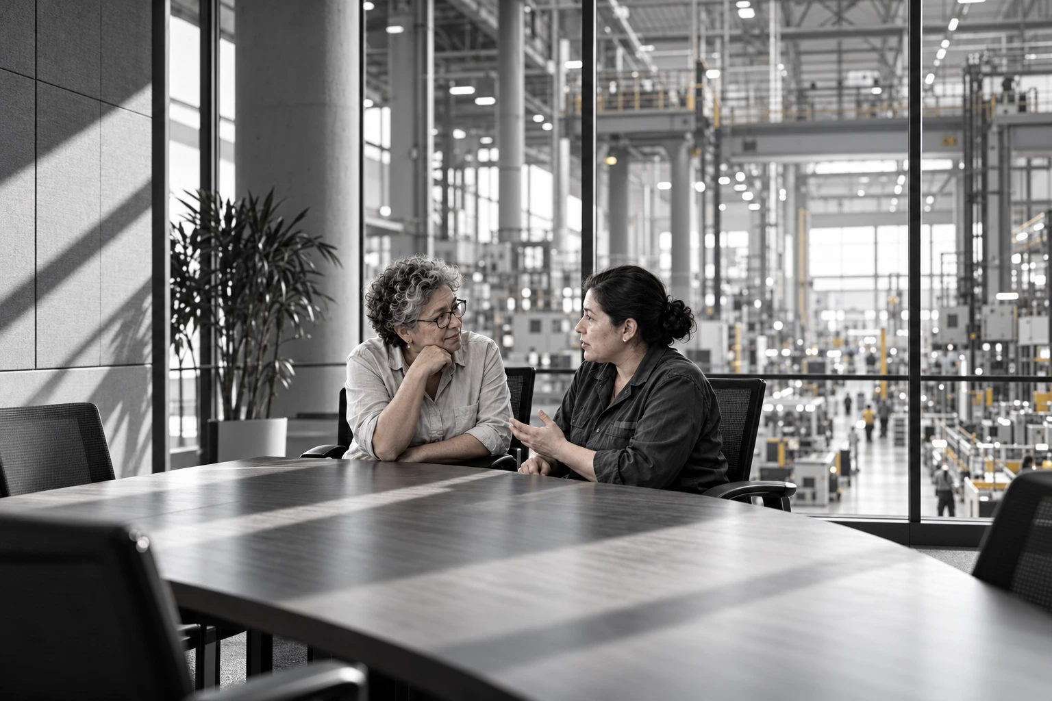 Dos mujeres conversan de forma espontánea en un entorno de trabajo. Sus miradas, manos y gestos ocupan el centro de una escena documental en blanco y negro.