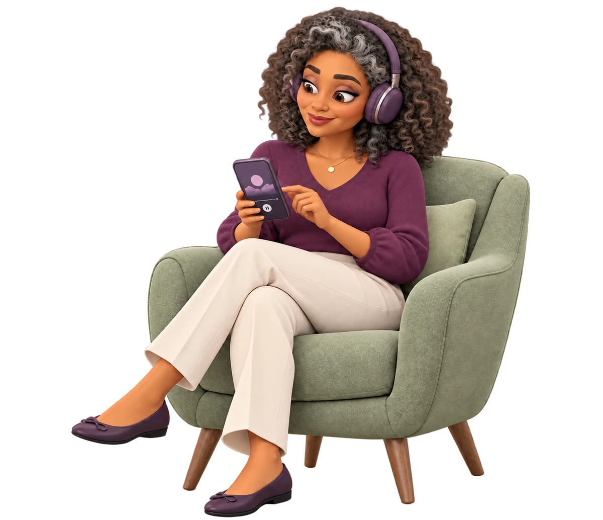 Mujer escuchando con audífonos y consultando formación en su teléfono